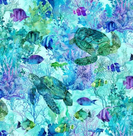 Sea Turtle Fabric, Turtle and Fish, Coral Reef by Northcott Fabrics, By the Half or Full Yard