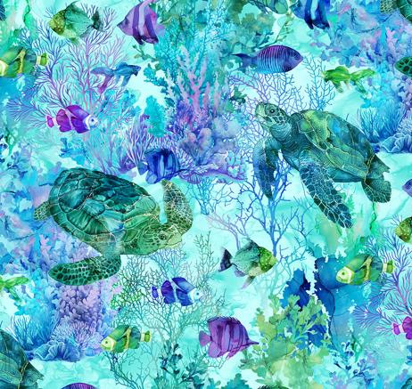 Sea Turtle Fabric, Turtle and Fish, Coral Reef by Northcott Fabrics, By the Half or Full Yard