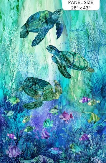 Sea Turtle Panel Fabric, Coral Reef by Northcott Fabrics, 28 x 43 Inch, By the Panel
