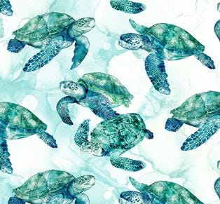 Sea Turtle Fabric, Turtles on White, Coral Reef by Northcott Fabrics, By the Half or Full Yard