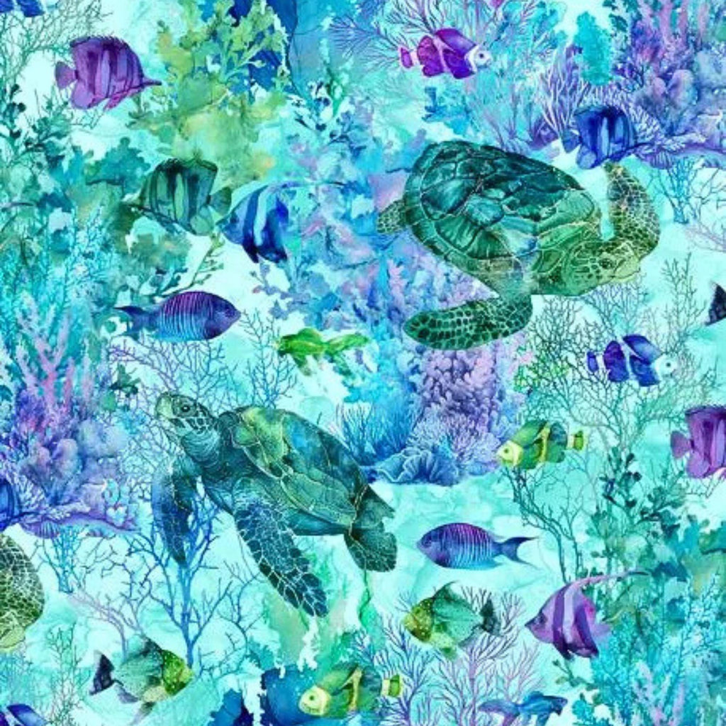 Sea Turtle Fabric, Turtle and Fish, Coral Reef by Northcott Fabrics, By the Half or Full Yard