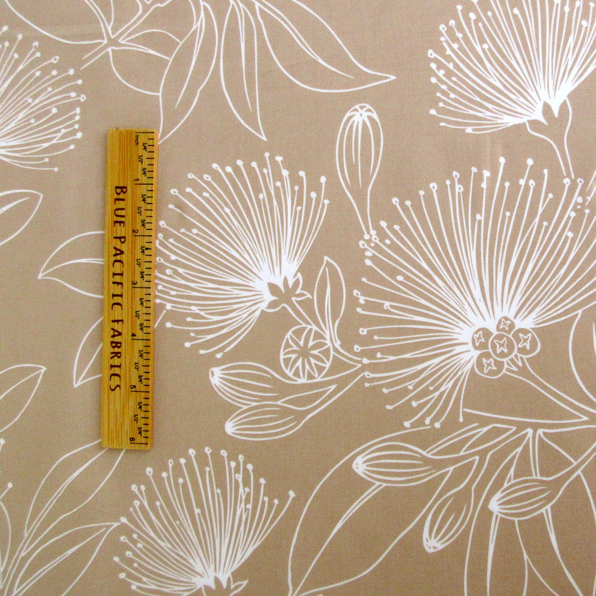 Fabric, Big Lehua Blooms on Tan, Large Scale Tropical Hawaiian, By the Half or Full Yard