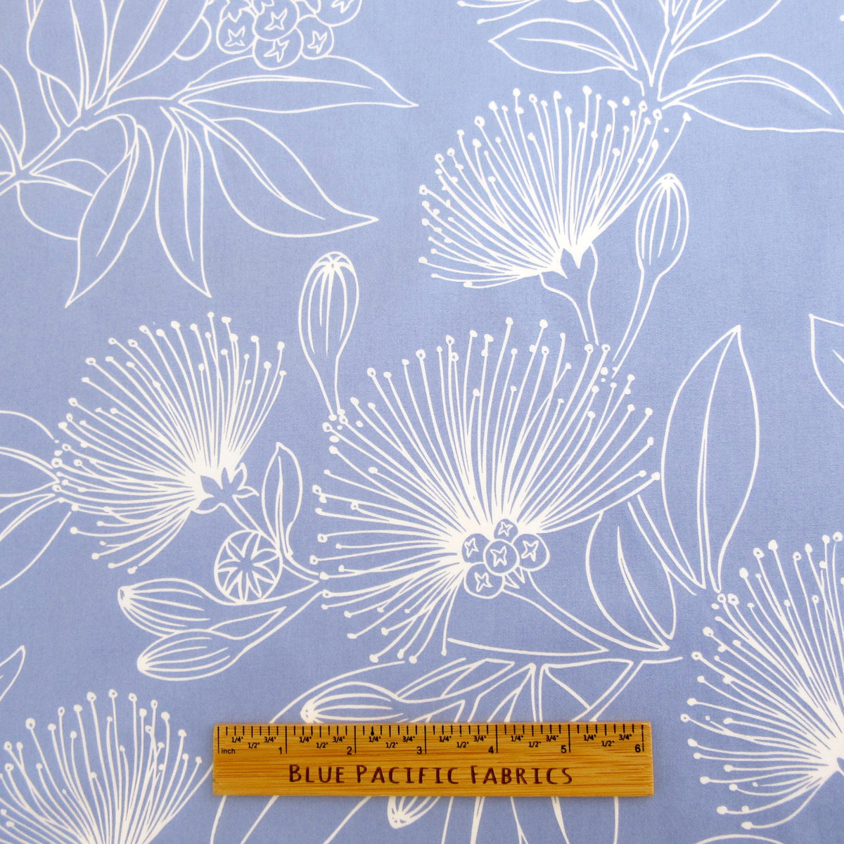 Fabric, Big Lehua Blooms on Periwinkle, Large Scale Tropical Hawaiian, By the Half or Full Yard