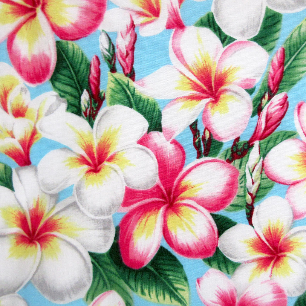 Floral Fabric, Pukalani Plumeria on Sky Blue, Tropical Hawaiian, By the Half or Full Yard