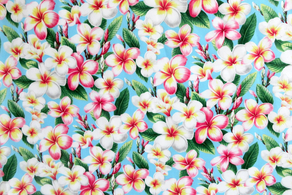 Floral Fabric, Pukalani Plumeria on Sky Blue, Tropical Hawaiian, By the Half or Full Yard