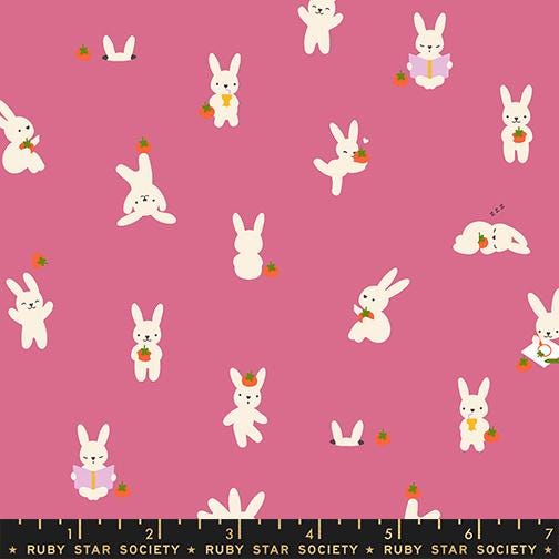 Bunny Fabric, Bun E on Hibiscus Pink, Persimmon by Ruby Star Society, By the Half or Full Yard