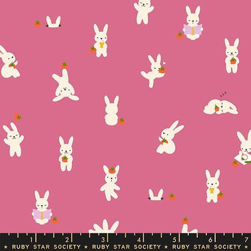 Bunny Fabric, Bun E on Hibiscus Pink, Persimmon by Ruby Star Society, By the Half or Full Yard