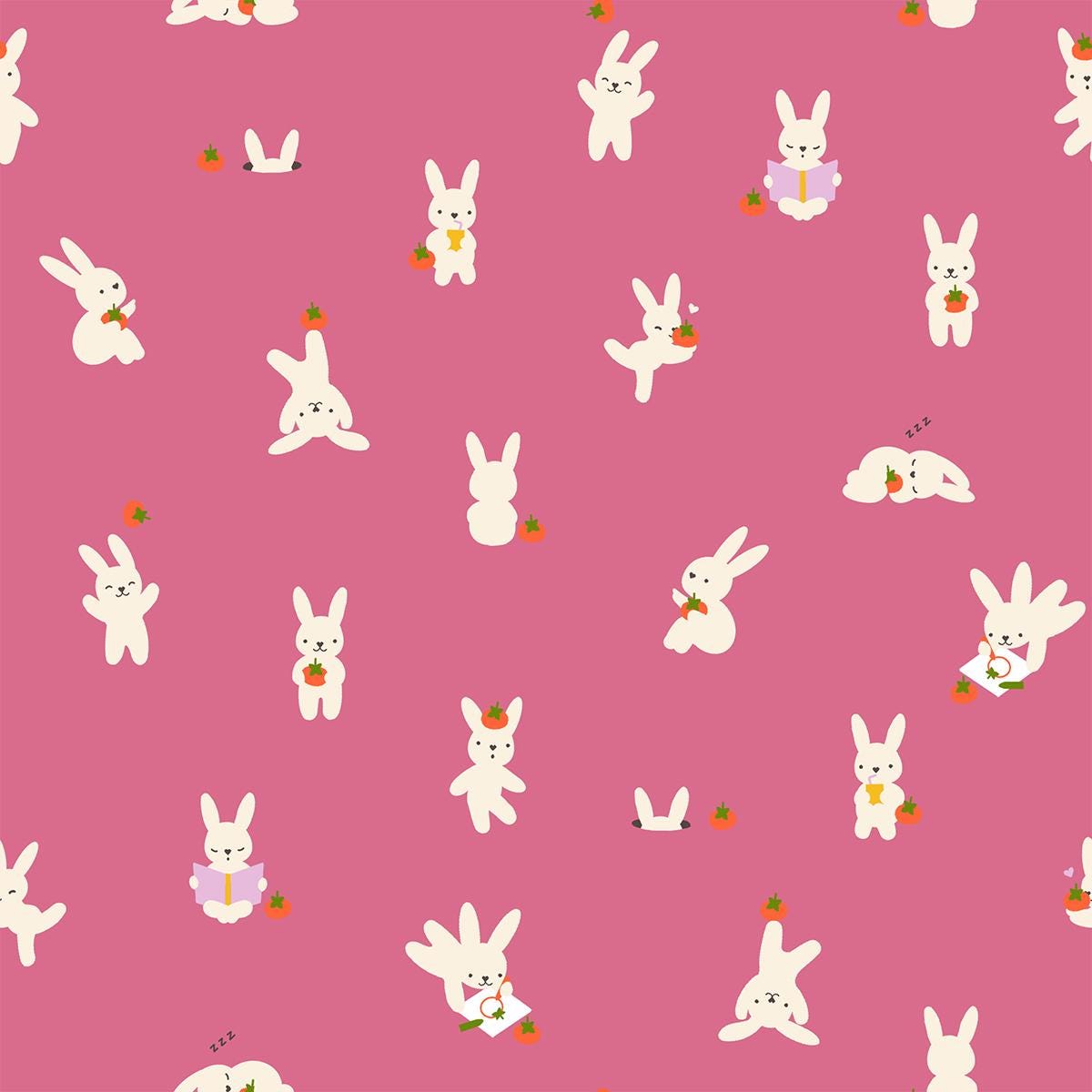 Bunny Fabric, Bun E on Hibiscus Pink, Persimmon by Ruby Star Society, By the Half or Full Yard