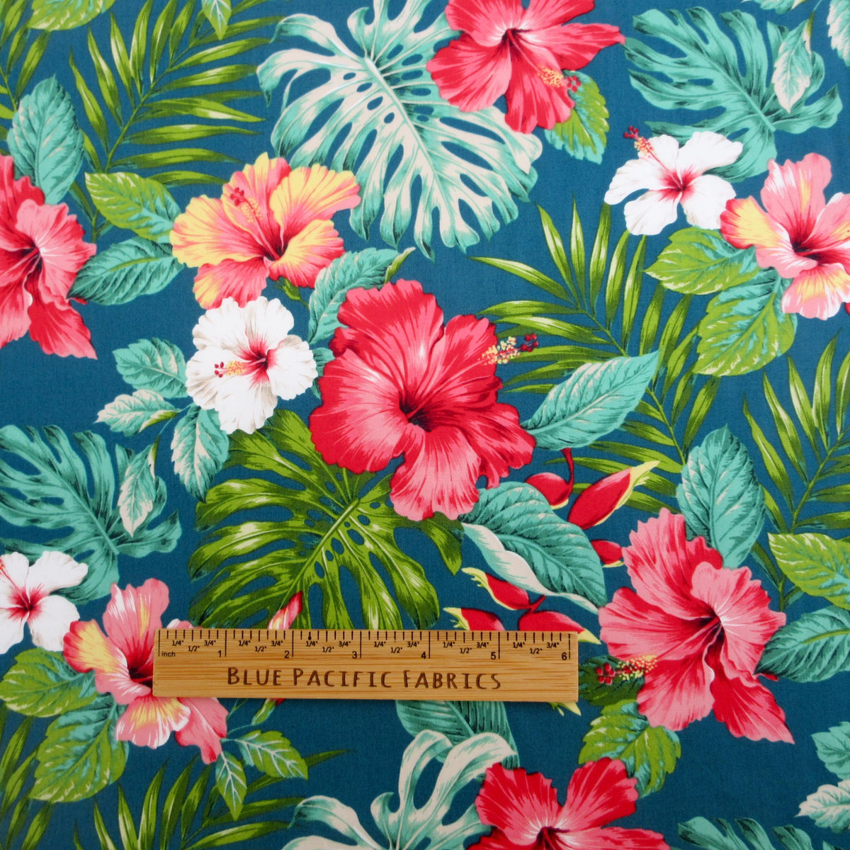 Hawaiian Fabric, Hula Hibiscus Floral on Teal, By the Half and Full Yard