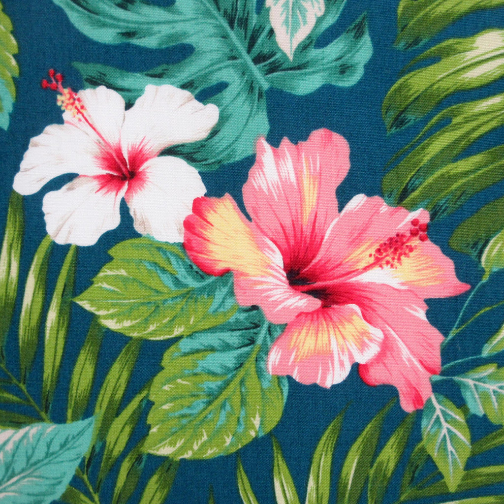 Hawaiian Fabric, Hula Hibiscus Floral on Teal, By the Half and Full Yard