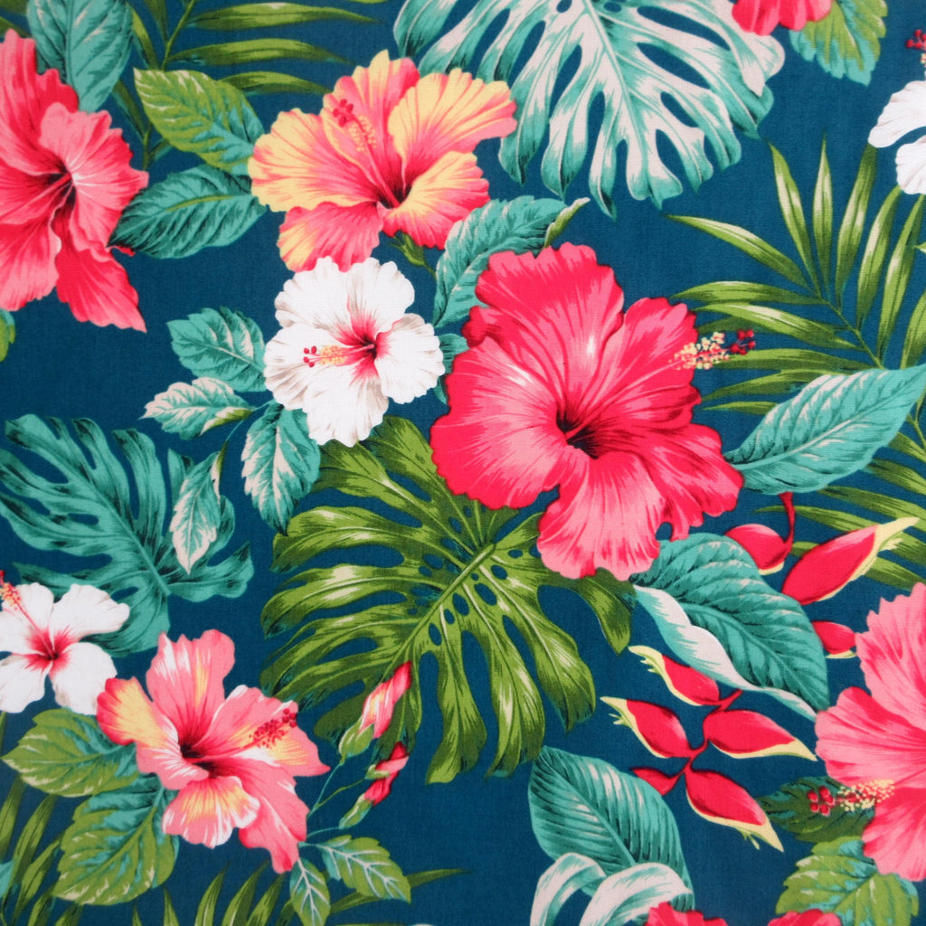 Hawaiian Fabric, Hula Hibiscus Floral on Teal, By the Half and Full Yard