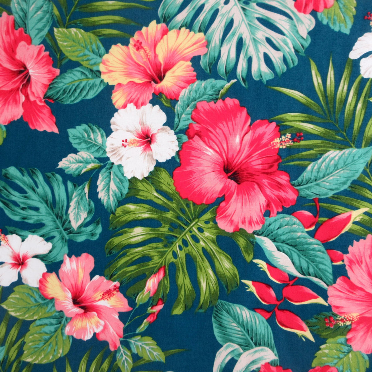 Hawaiian Fabric, Hula Hibiscus Floral on Teal, By the Half and Full Yard