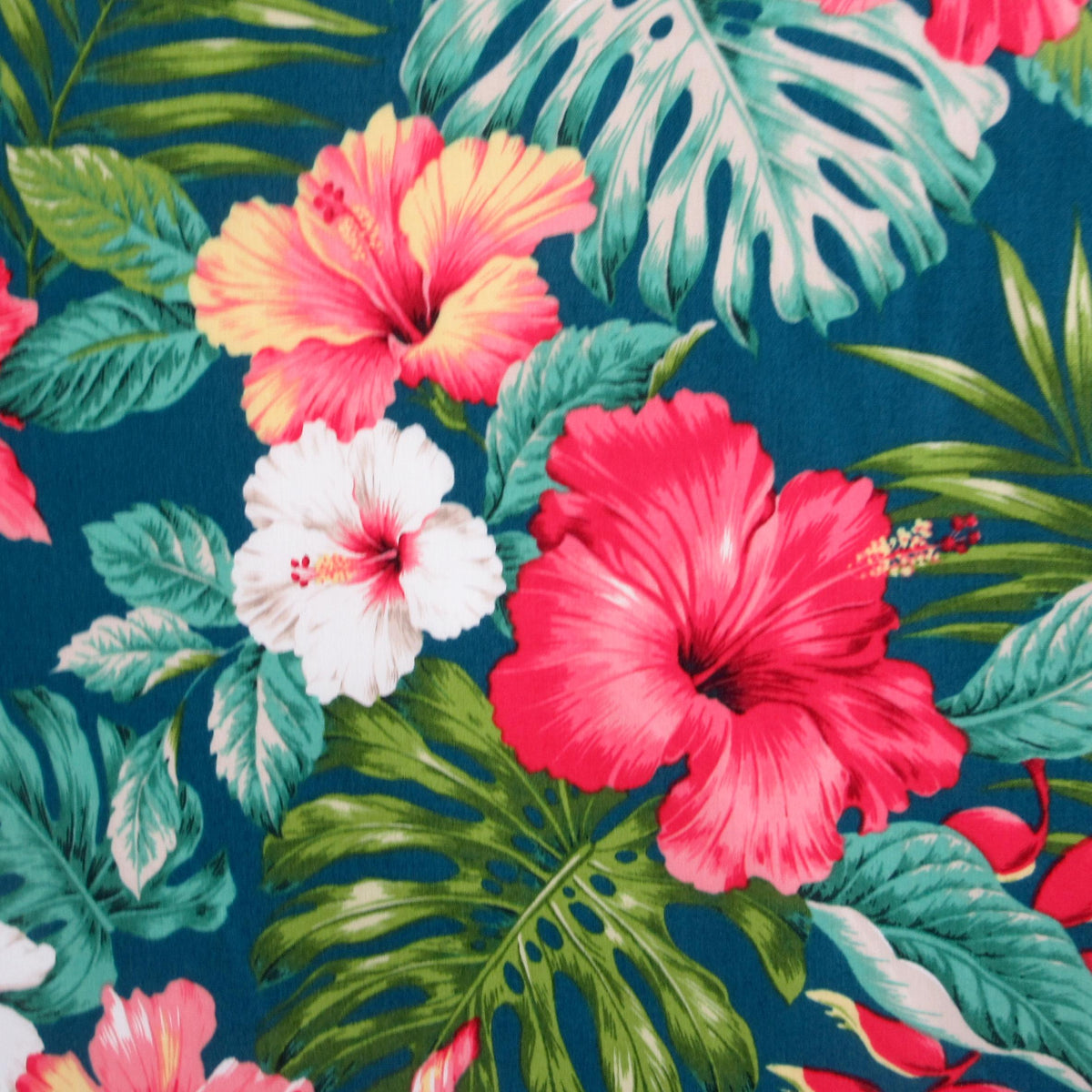 Hawaiian Fabric, Hula Hibiscus Floral on Teal, By the Half and Full Yard