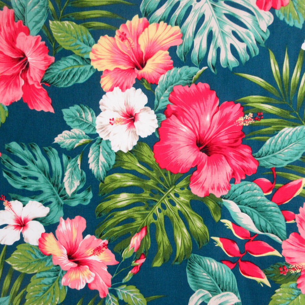 Hawaiian Fabric, Hula Hibiscus Floral on Teal, By the Half and Full Yard