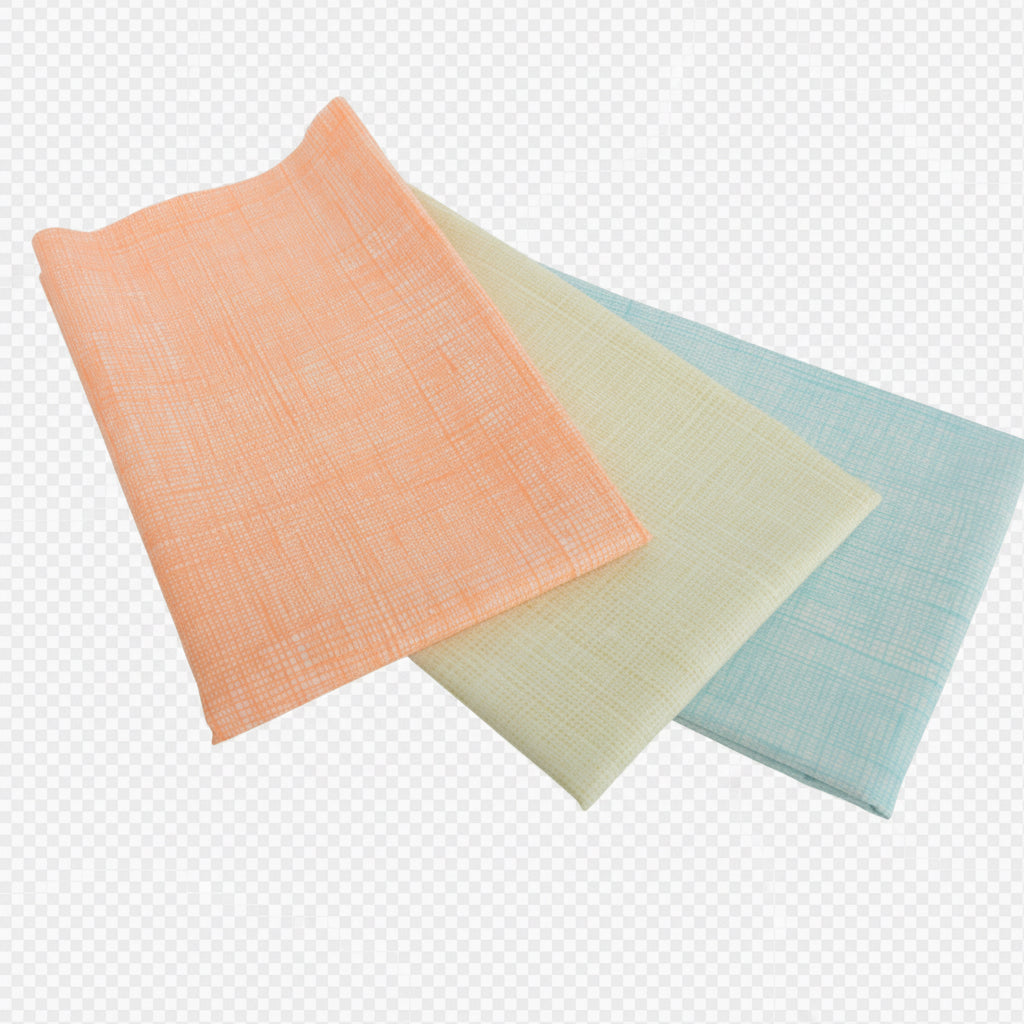 Three fabric swatches in beige, green, and blue on a light gray background